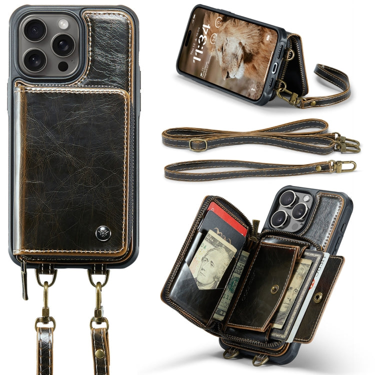 For iPhone 16 Pro JEEHOOD C22 Series Zipper Wallet Leather Phone Case with Dual Lanyard
