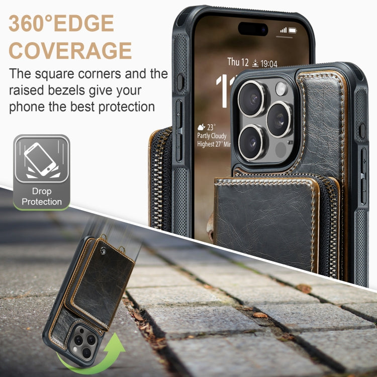 For iPhone 16 Pro JEEHOOD C22 Series Zipper Wallet Leather Phone Case with Dual Lanyard