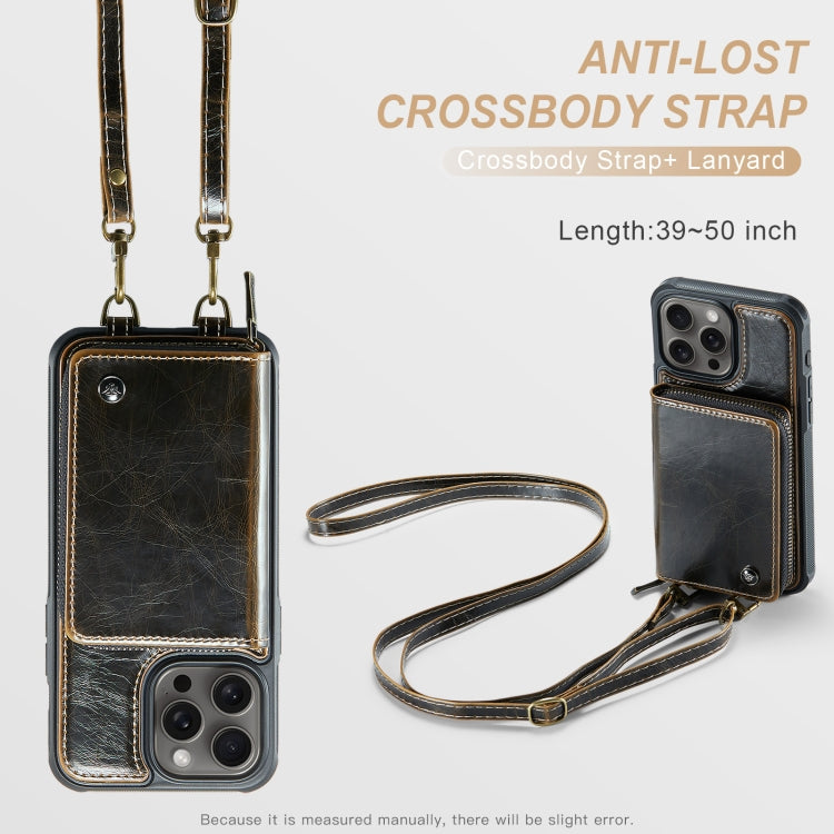 For iPhone 16 Pro JEEHOOD C22 Series Zipper Wallet Leather Phone Case with Dual Lanyard