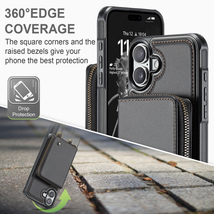 For iPhone 16 Plus JEEHOOD C22 Series Zipper Wallet Leather Phone Case with Dual Lanyard
