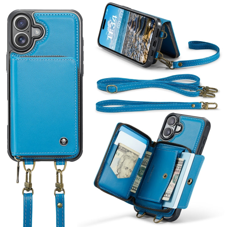 For iPhone 16 Plus JEEHOOD C22 Series Zipper Wallet Leather Phone Case with Dual Lanyard