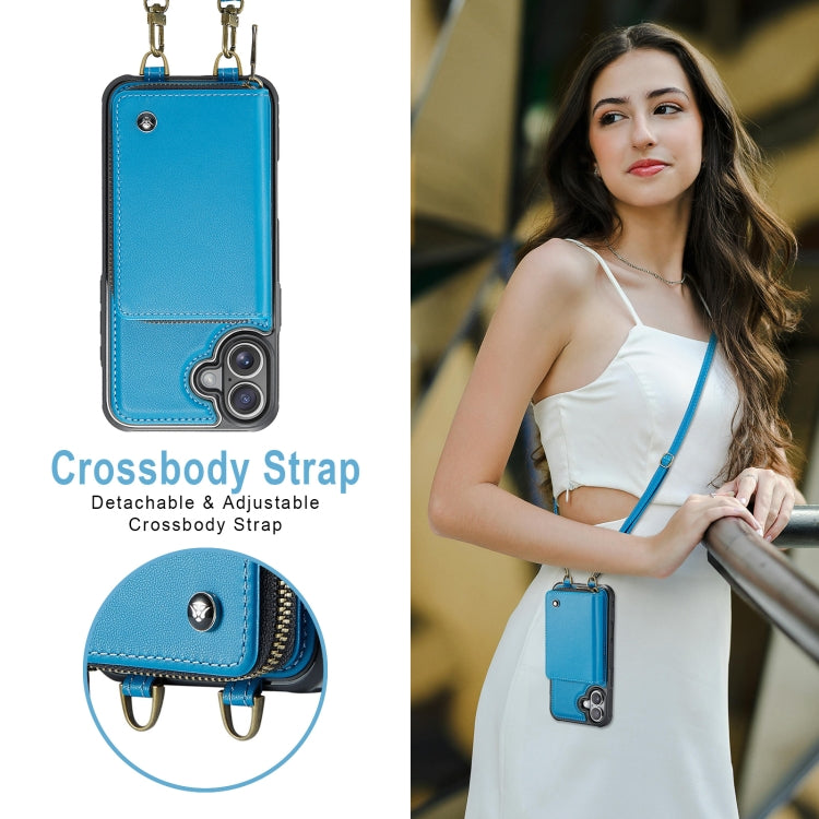 For iPhone 16 Plus JEEHOOD C22 Series Zipper Wallet Leather Phone Case with Dual Lanyard