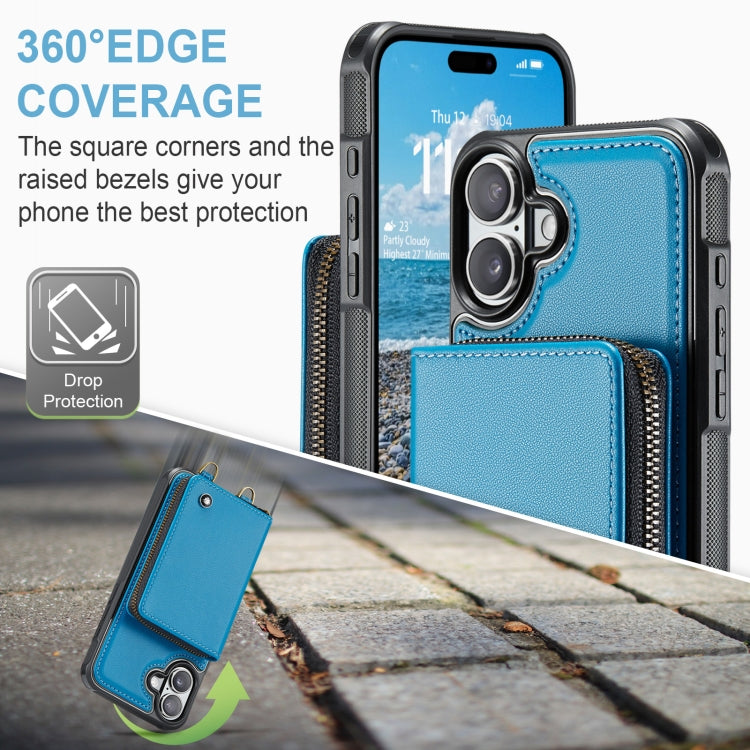For iPhone 16 Plus JEEHOOD C22 Series Zipper Wallet Leather Phone Case with Dual Lanyard