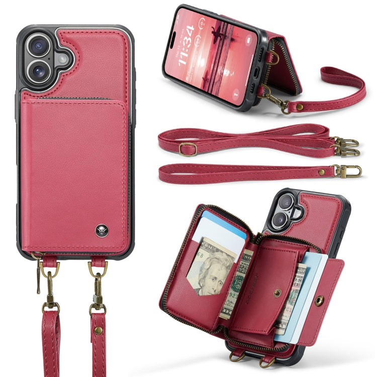 For iPhone 16 Plus JEEHOOD C22 Series Zipper Wallet Leather Phone Case with Dual Lanyard