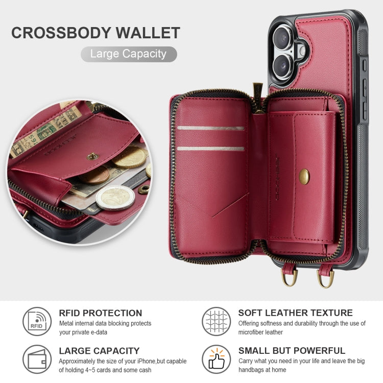 For iPhone 16 Plus JEEHOOD C22 Series Zipper Wallet Leather Phone Case with Dual Lanyard