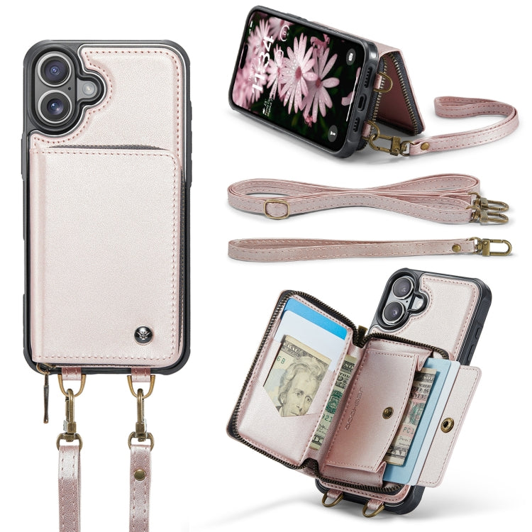 For iPhone 16 Plus JEEHOOD C22 Series Zipper Wallet Leather Phone Case with Dual Lanyard