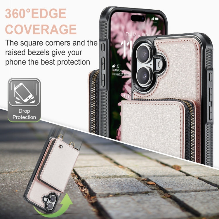 For iPhone 16 Plus JEEHOOD C22 Series Zipper Wallet Leather Phone Case with Dual Lanyard