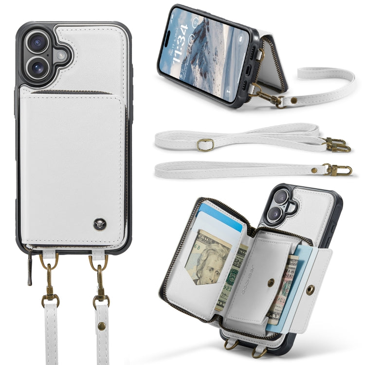For iPhone 16 Plus JEEHOOD C22 Series Zipper Wallet Leather Phone Case with Dual Lanyard