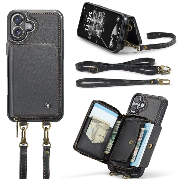 For iPhone 16 Plus JEEHOOD C22 Series Zipper Wallet Leather Phone Case with Dual Lanyard