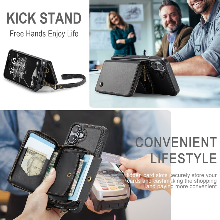 For iPhone 16 Plus JEEHOOD C22 Series Zipper Wallet Leather Phone Case with Dual Lanyard