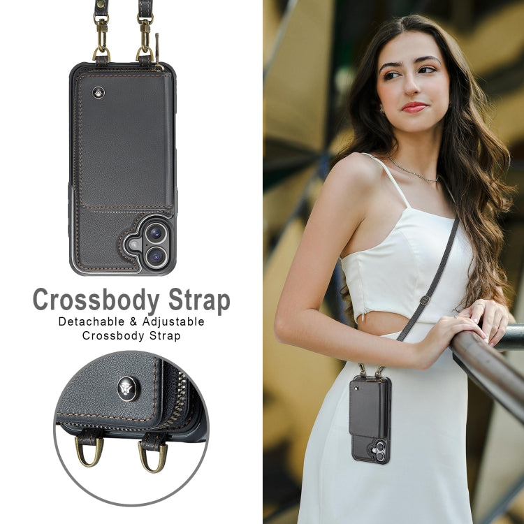 For iPhone 16 JEEHOOD C22 Series Zipper Wallet Leather Phone Case with Dual Lanyard