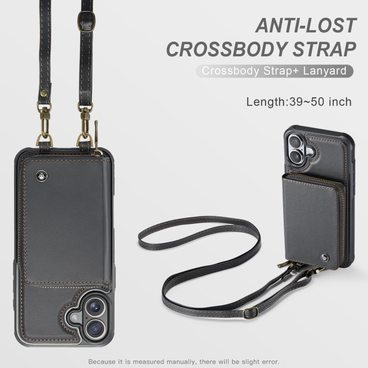 For iPhone 16 JEEHOOD C22 Series Zipper Wallet Leather Phone Case with Dual Lanyard