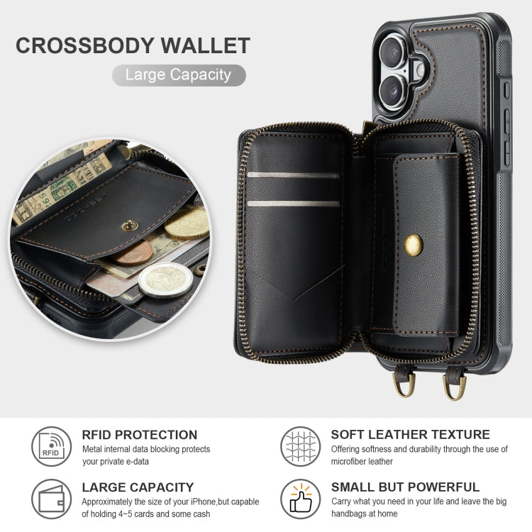 For iPhone 16 JEEHOOD C22 Series Zipper Wallet Leather Phone Case with Dual Lanyard