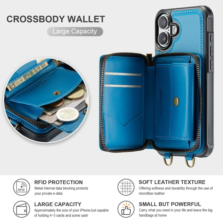 For iPhone 16 JEEHOOD C22 Series Zipper Wallet Leather Phone Case with Dual Lanyard
