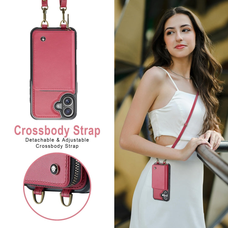 For iPhone 16 JEEHOOD C22 Series Zipper Wallet Leather Phone Case with Dual Lanyard