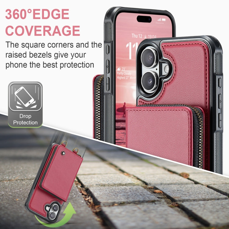 For iPhone 16 JEEHOOD C22 Series Zipper Wallet Leather Phone Case with Dual Lanyard