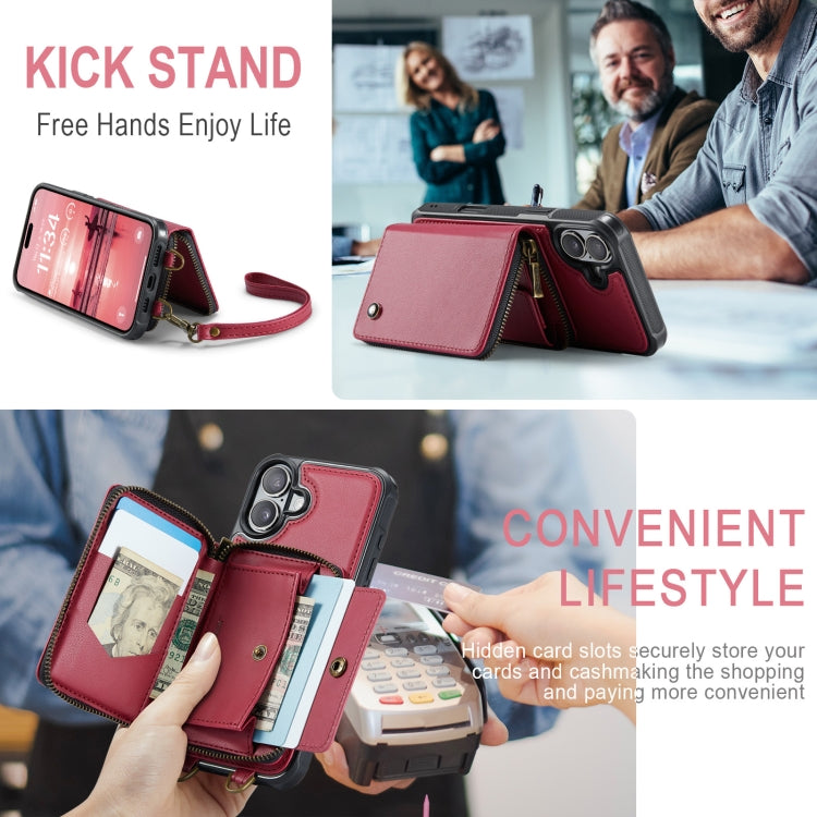 For iPhone 16 JEEHOOD C22 Series Zipper Wallet Leather Phone Case with Dual Lanyard