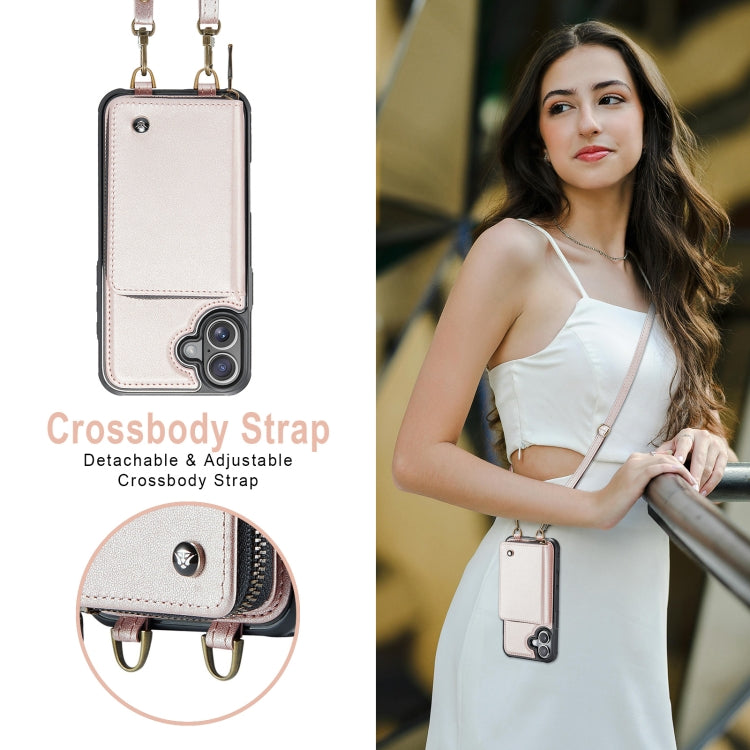 For iPhone 16 JEEHOOD C22 Series Zipper Wallet Leather Phone Case with Dual Lanyard