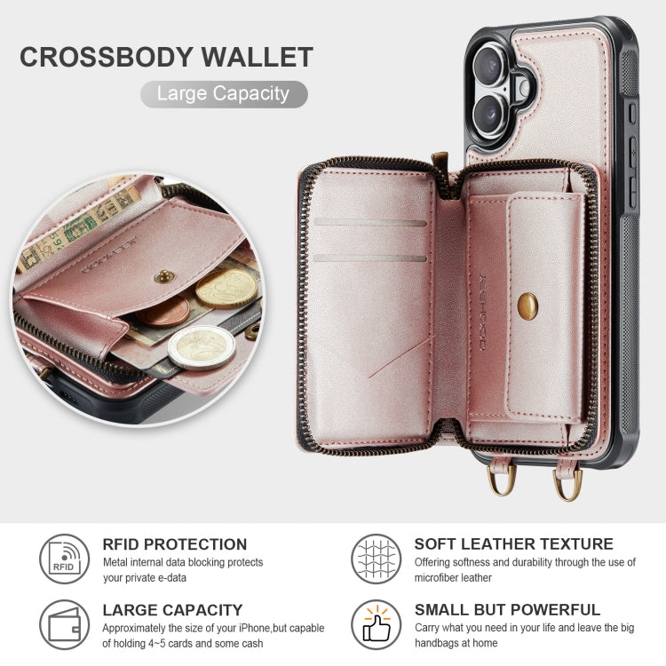 For iPhone 16 JEEHOOD C22 Series Zipper Wallet Leather Phone Case with Dual Lanyard