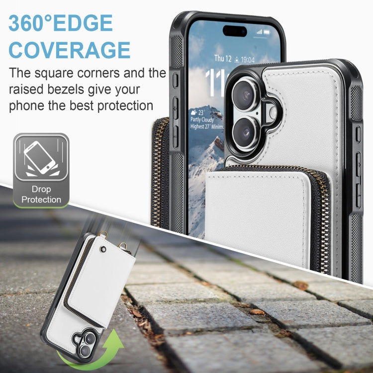 For iPhone 16 JEEHOOD C22 Series Zipper Wallet Leather Phone Case with Dual Lanyard