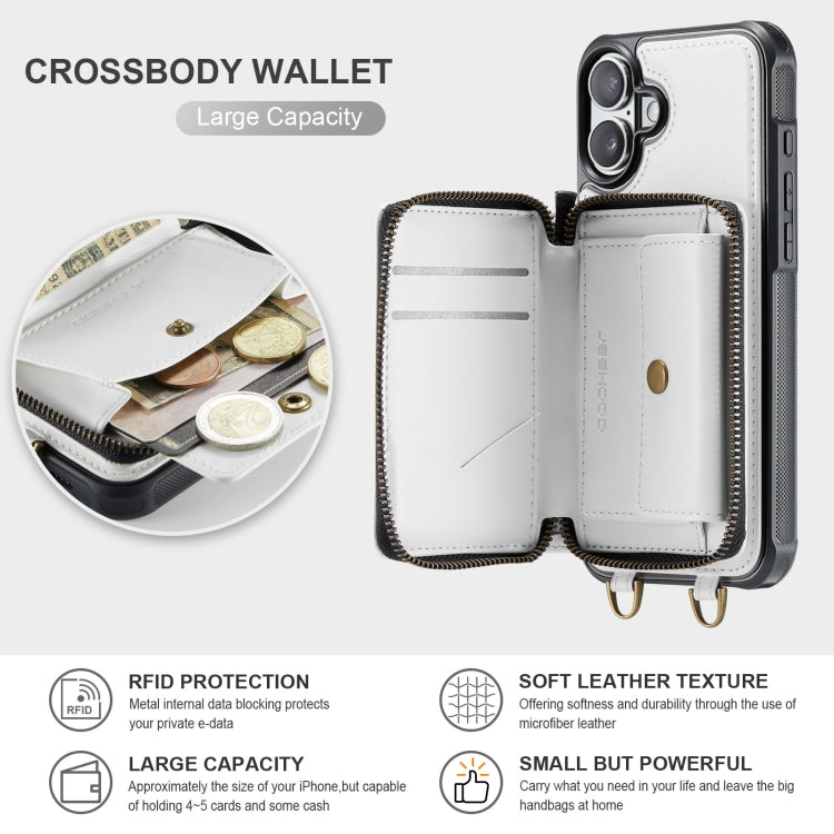 For iPhone 16 JEEHOOD C22 Series Zipper Wallet Leather Phone Case with Dual Lanyard