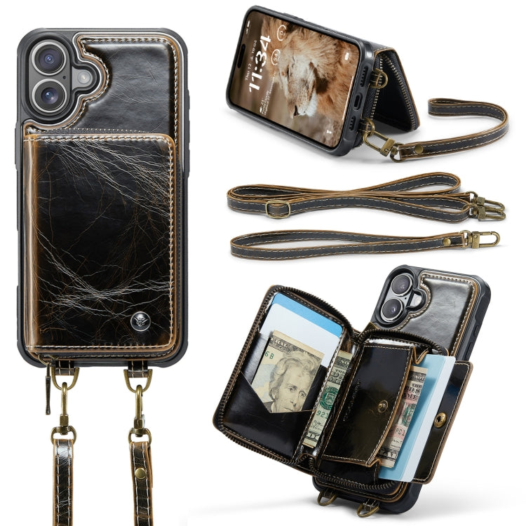 For iPhone 16 JEEHOOD C22 Series Zipper Wallet Leather Phone Case with Dual Lanyard