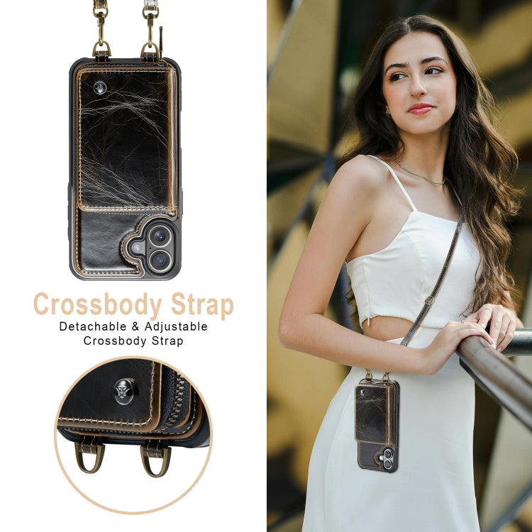 For iPhone 16 JEEHOOD C22 Series Zipper Wallet Leather Phone Case with Dual Lanyard