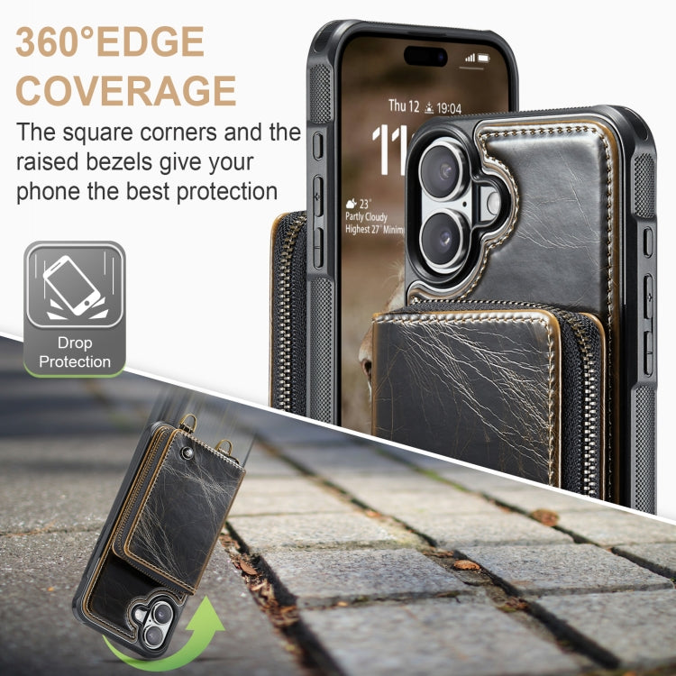 For iPhone 16 JEEHOOD C22 Series Zipper Wallet Leather Phone Case with Dual Lanyard