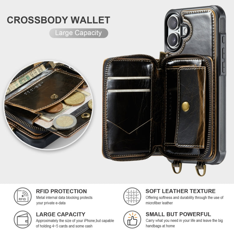For iPhone 16 JEEHOOD C22 Series Zipper Wallet Leather Phone Case with Dual Lanyard