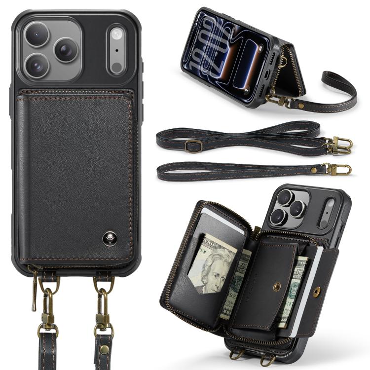 For iPhone 17 Pro JEEHOOD C22 Series Zipper Wallet Leather Phone Case with Dual Lanyard
