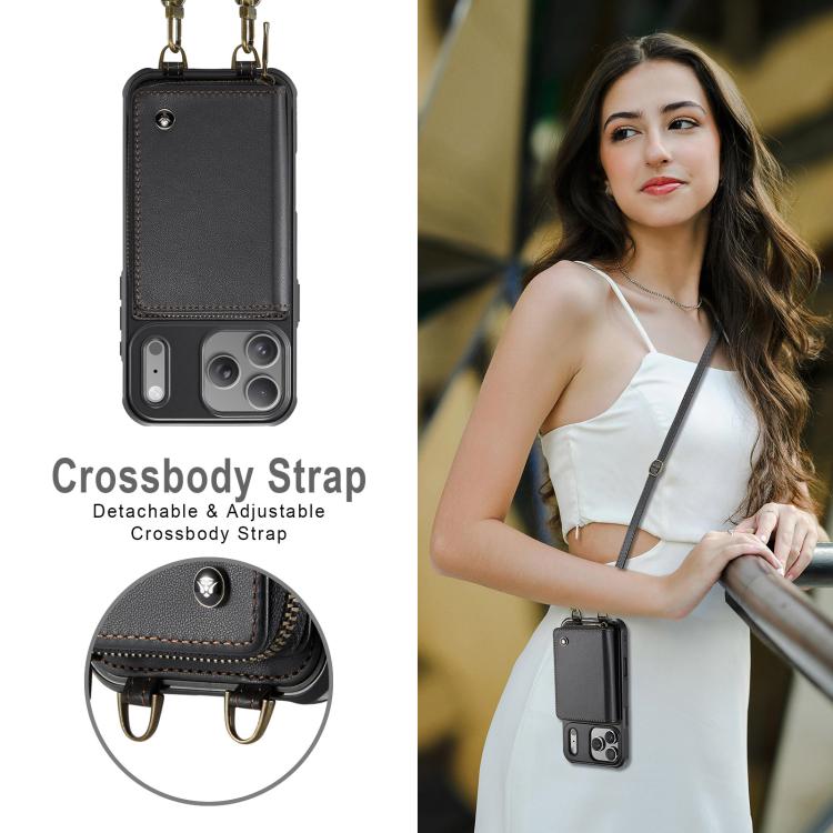 For iPhone 17 Pro JEEHOOD C22 Series Zipper Wallet Leather Phone Case with Dual Lanyard