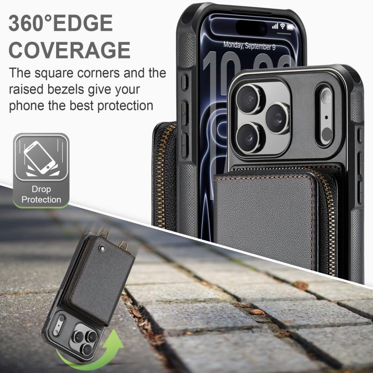 For iPhone 17 Pro JEEHOOD C22 Series Zipper Wallet Leather Phone Case with Dual Lanyard
