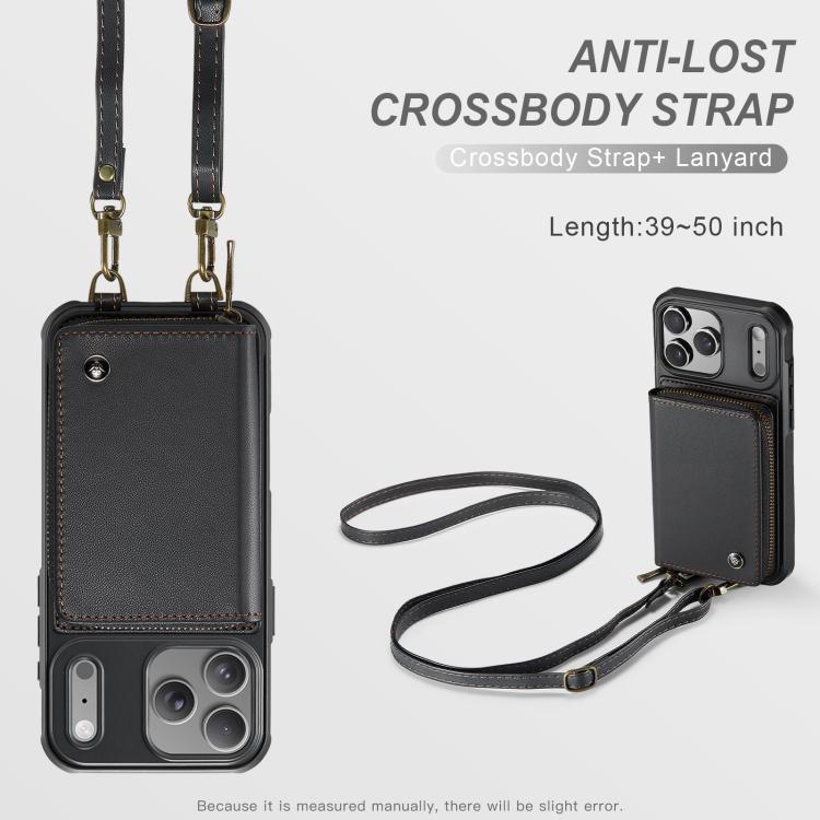 For iPhone 17 Pro JEEHOOD C22 Series Zipper Wallet Leather Phone Case with Dual Lanyard