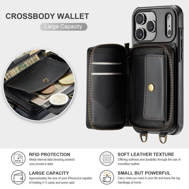 For iPhone 17 Pro JEEHOOD C22 Series Zipper Wallet Leather Phone Case with Dual Lanyard