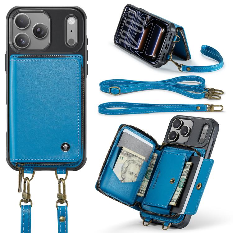 For iPhone 17 Pro JEEHOOD C22 Series Zipper Wallet Leather Phone Case with Dual Lanyard
