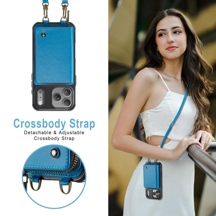 For iPhone 17 Pro JEEHOOD C22 Series Zipper Wallet Leather Phone Case with Dual Lanyard