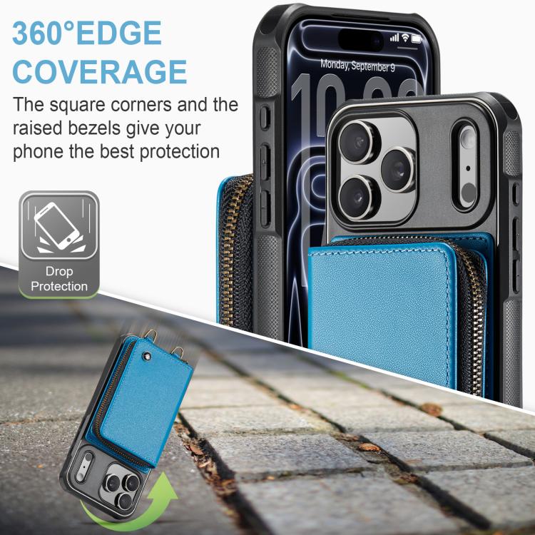 For iPhone 17 Pro JEEHOOD C22 Series Zipper Wallet Leather Phone Case with Dual Lanyard