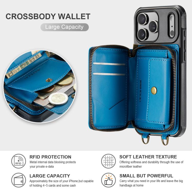 For iPhone 17 Pro JEEHOOD C22 Series Zipper Wallet Leather Phone Case with Dual Lanyard