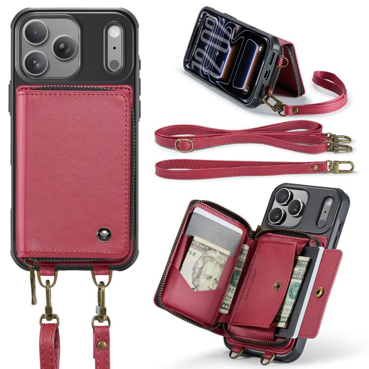 For iPhone 17 Pro JEEHOOD C22 Series Zipper Wallet Leather Phone Case with Dual Lanyard