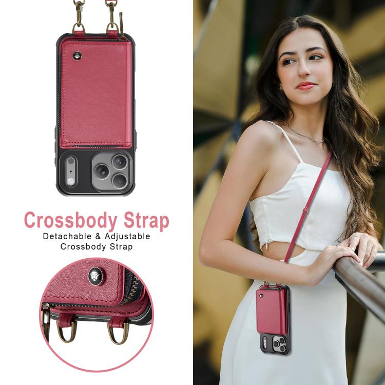 For iPhone 17 Pro JEEHOOD C22 Series Zipper Wallet Leather Phone Case with Dual Lanyard