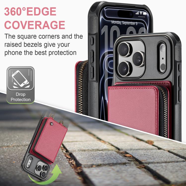 For iPhone 17 Pro JEEHOOD C22 Series Zipper Wallet Leather Phone Case with Dual Lanyard