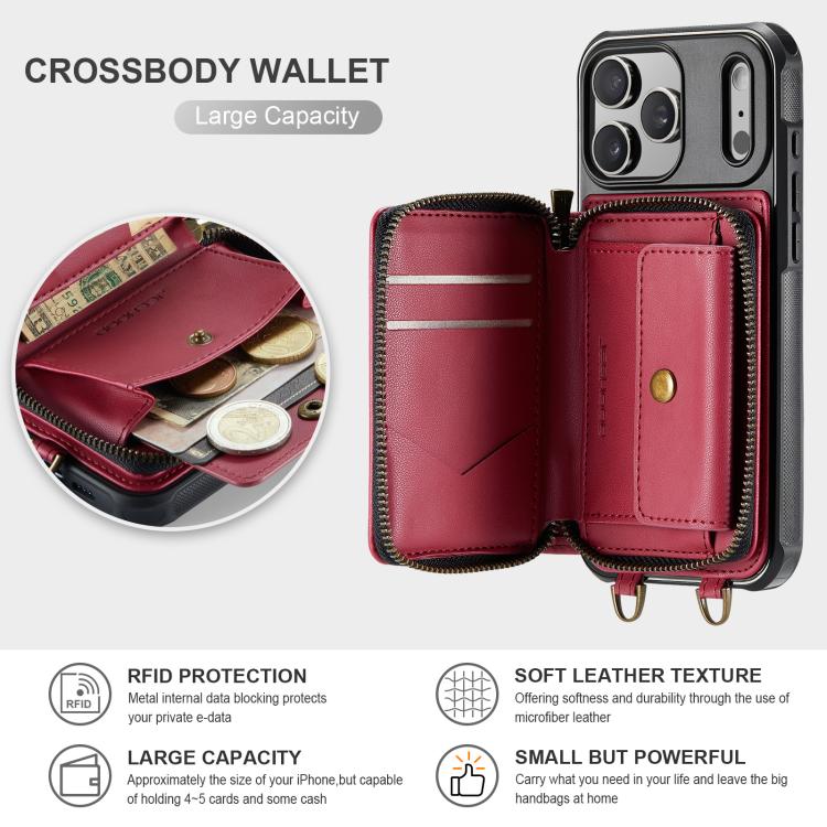For iPhone 17 Pro JEEHOOD C22 Series Zipper Wallet Leather Phone Case with Dual Lanyard