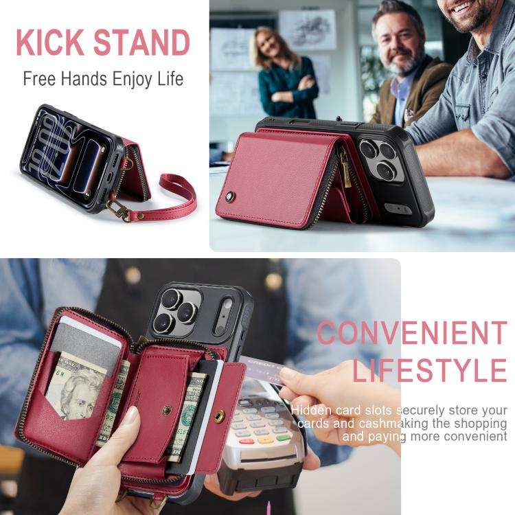 For iPhone 17 Pro JEEHOOD C22 Series Zipper Wallet Leather Phone Case with Dual Lanyard