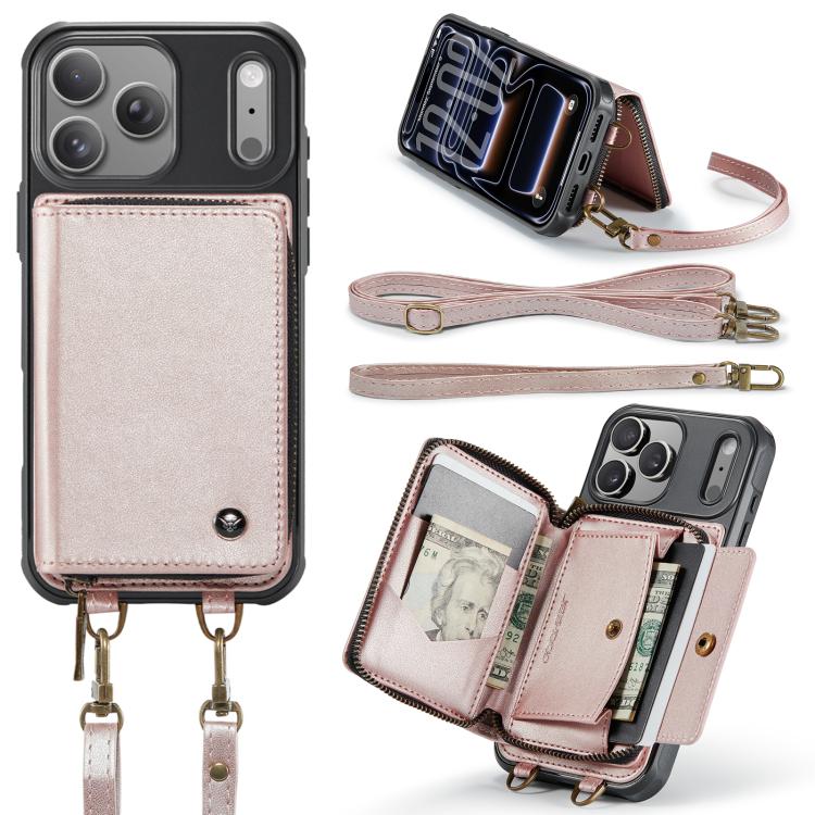 For iPhone 17 Pro JEEHOOD C22 Series Zipper Wallet Leather Phone Case with Dual Lanyard
