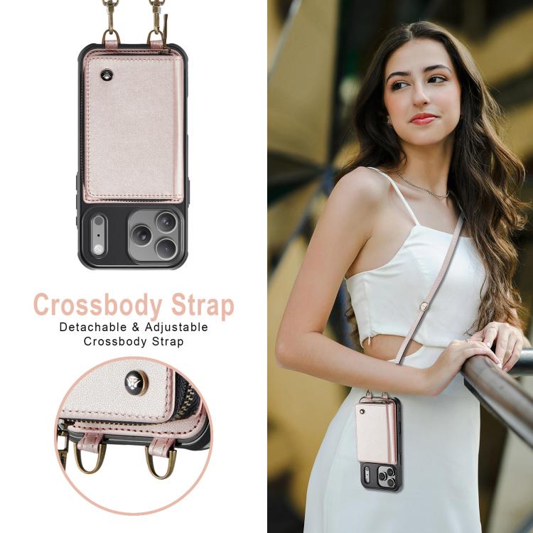 For iPhone 17 Pro JEEHOOD C22 Series Zipper Wallet Leather Phone Case with Dual Lanyard