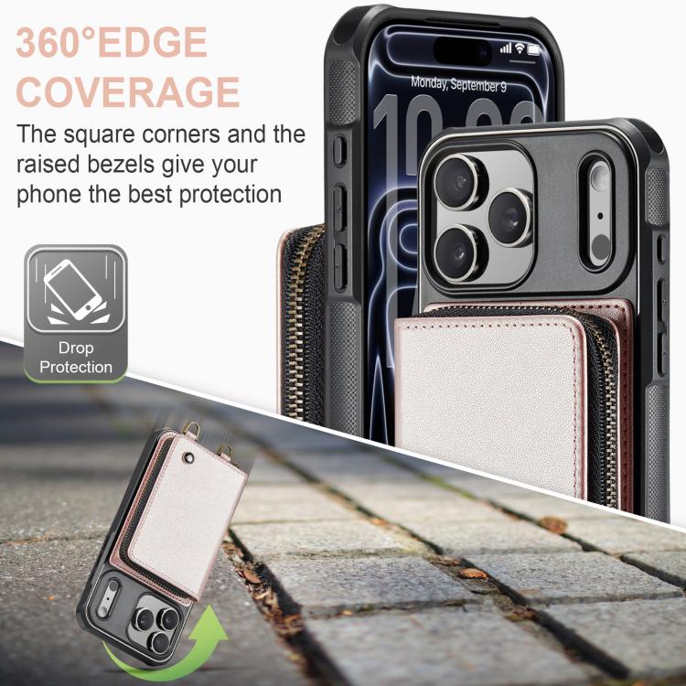 For iPhone 17 Pro JEEHOOD C22 Series Zipper Wallet Leather Phone Case with Dual Lanyard