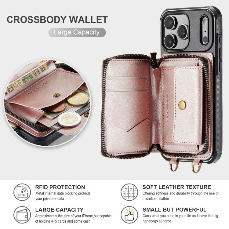 For iPhone 17 Pro JEEHOOD C22 Series Zipper Wallet Leather Phone Case with Dual Lanyard