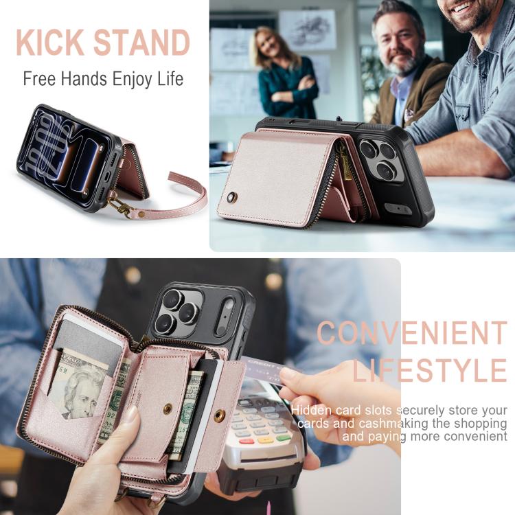 For iPhone 17 Pro JEEHOOD C22 Series Zipper Wallet Leather Phone Case with Dual Lanyard