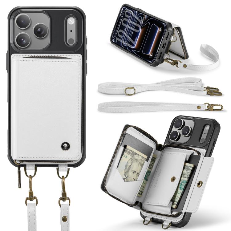 For iPhone 17 Pro JEEHOOD C22 Series Zipper Wallet Leather Phone Case with Dual Lanyard