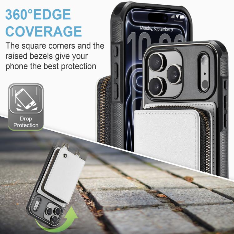 For iPhone 17 Pro JEEHOOD C22 Series Zipper Wallet Leather Phone Case with Dual Lanyard